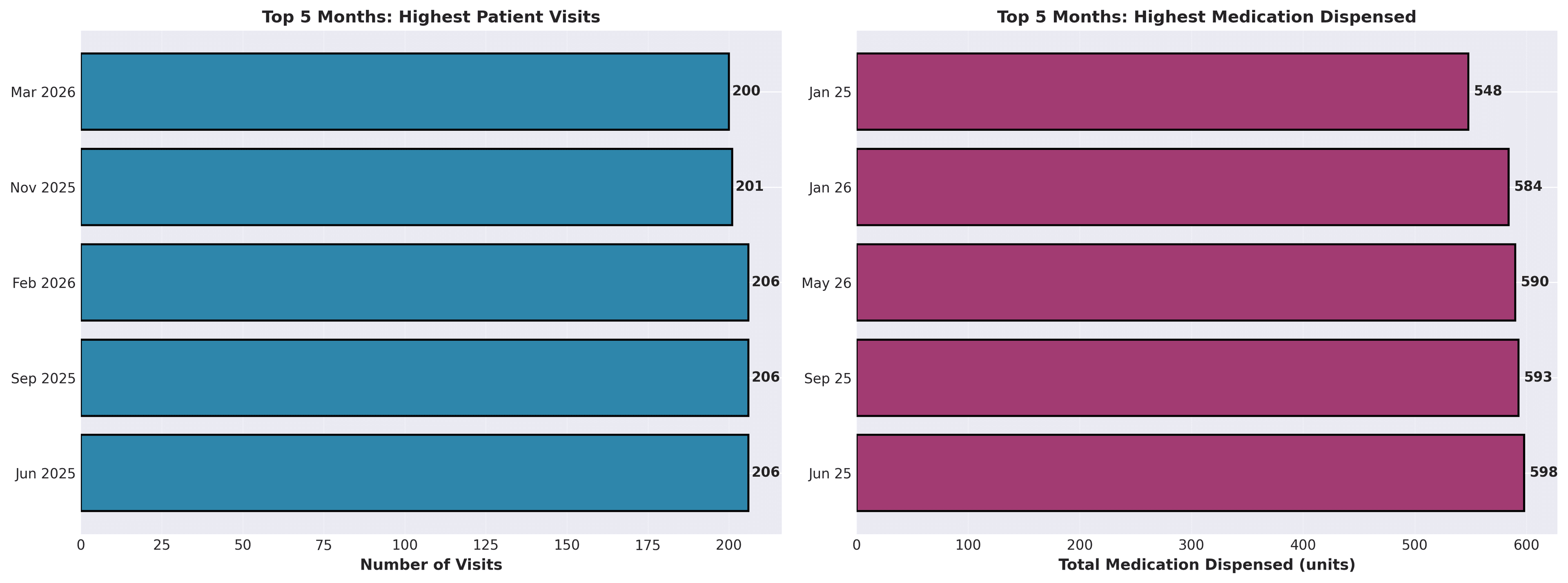 Bar chart showing the highest patient visit and medication months